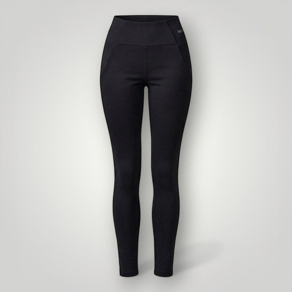 Legging W One Brand Store preta de alta performance com bolso V lateral, tecido respirável e ajuste confortável.