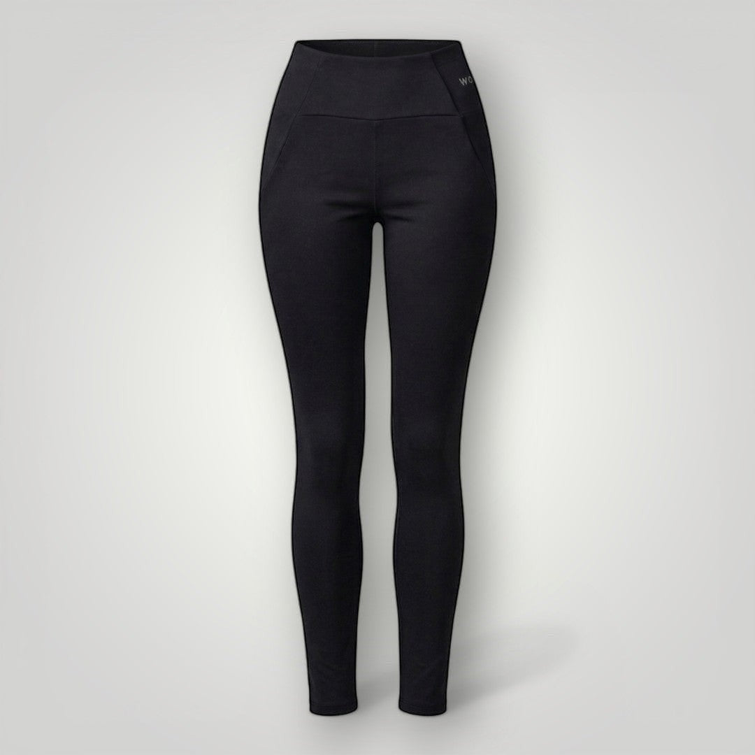 Legging W One Brand Store preta de alta performance com bolso V lateral, tecido respirável e ajuste confortável.