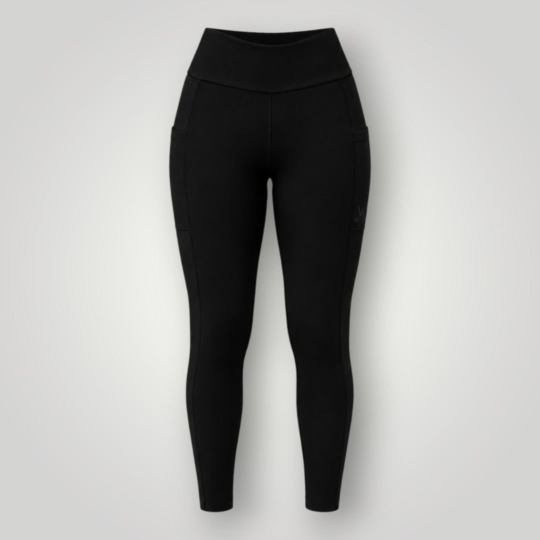 Legging W One Brand Store preta de poliamida com bolso lateral, alta compressão e proteção UV para treinos.