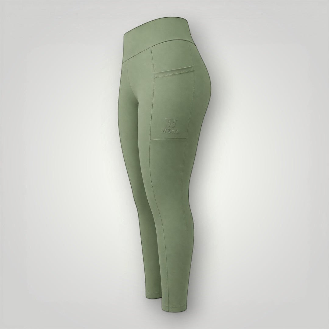 Legging W One Brand Store Move verde malva com bolso lateral, tecido de poliamida com média compressão e ajuste firme.