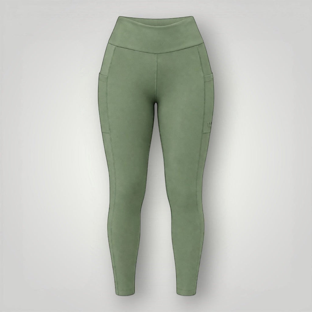 Legging W One Brand Store verde malva com bolso lateral, tecido de poliamida com média compressão e proteção solar.