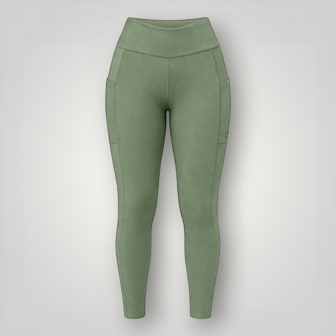 Legging W One Brand Store verde malva com bolso lateral, tecido de poliamida com média compressão e proteção solar.