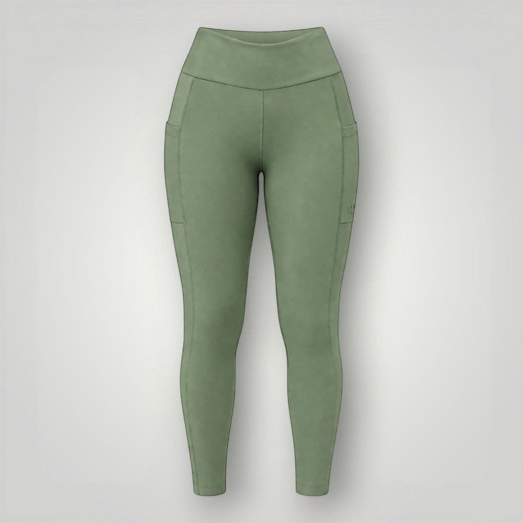 Legging W One Brand Store verde malva em poliamida com bolsos laterais, tecido respirável e proteção solar UV.