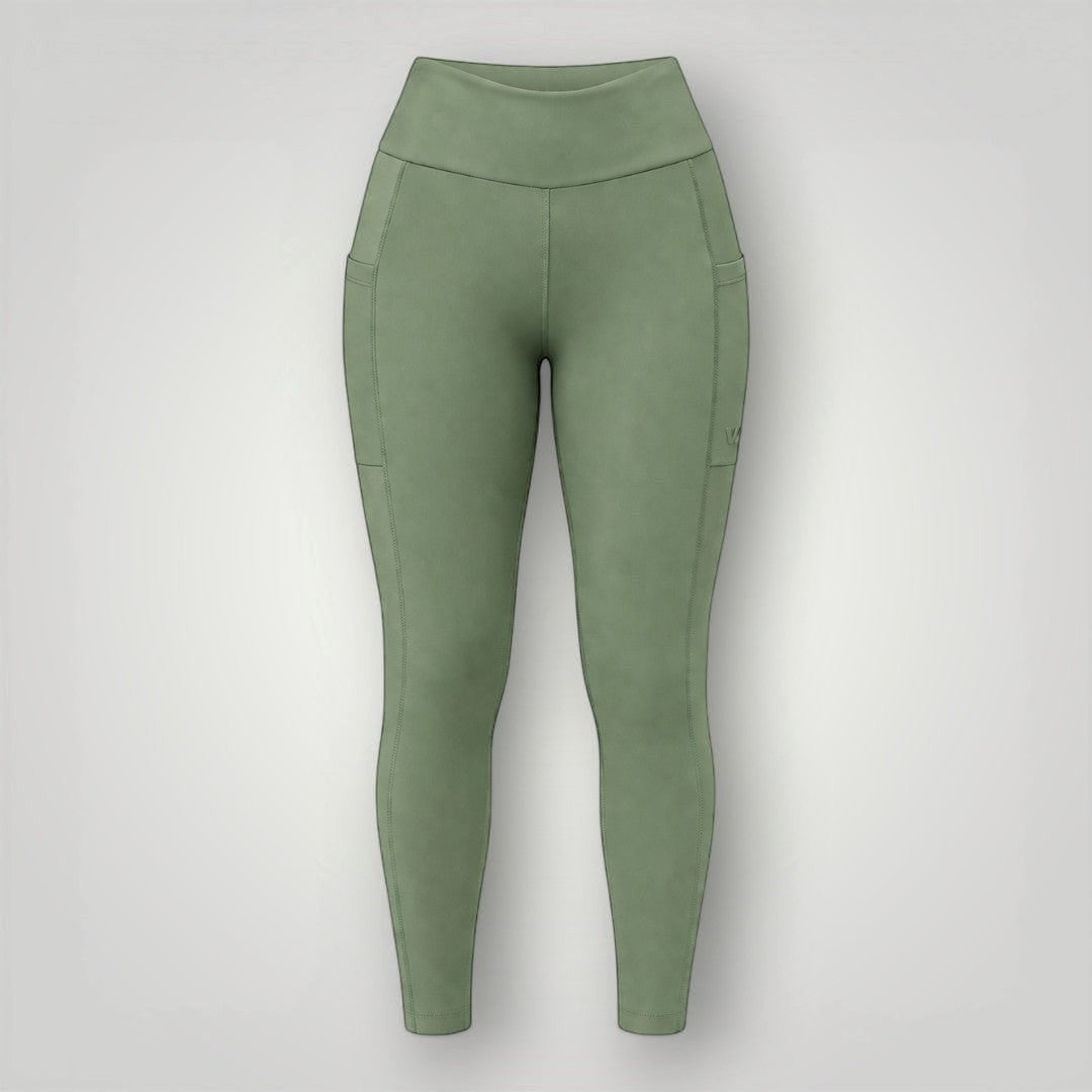 Legging W One Brand Store verde malva em poliamida com bolsos laterais, tecido respirável e proteção solar UV.