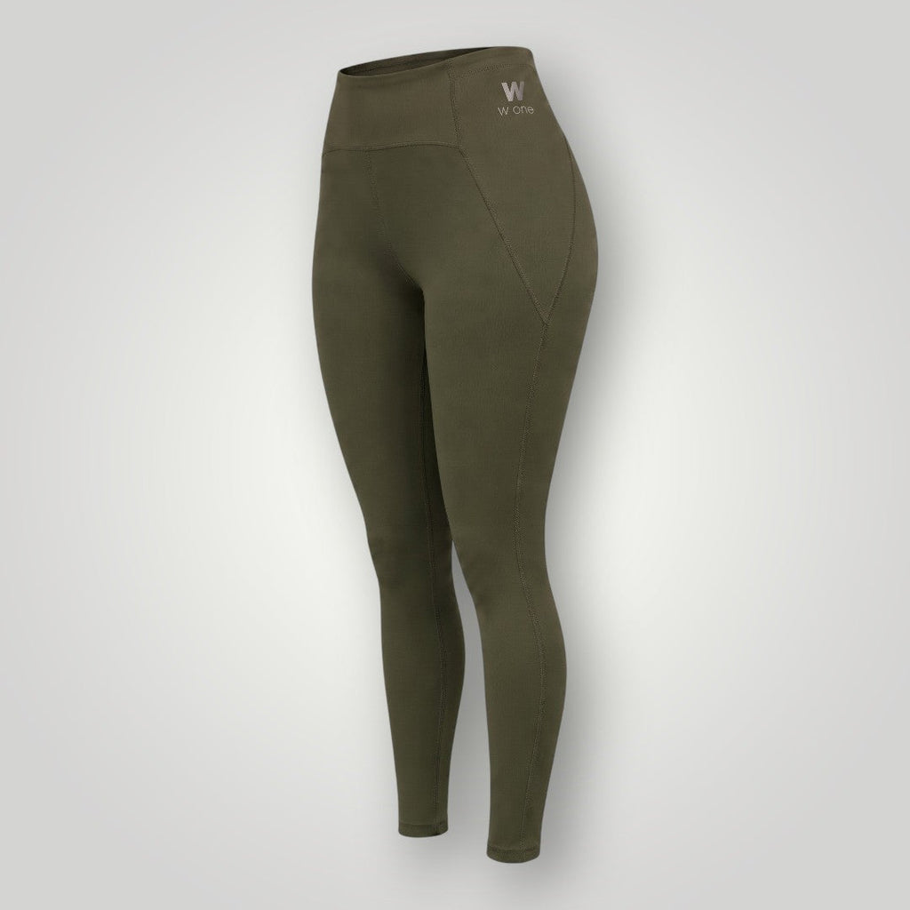 Legging W One Brand Store performance verde militar com bolso lateral em formato V e cintura alta