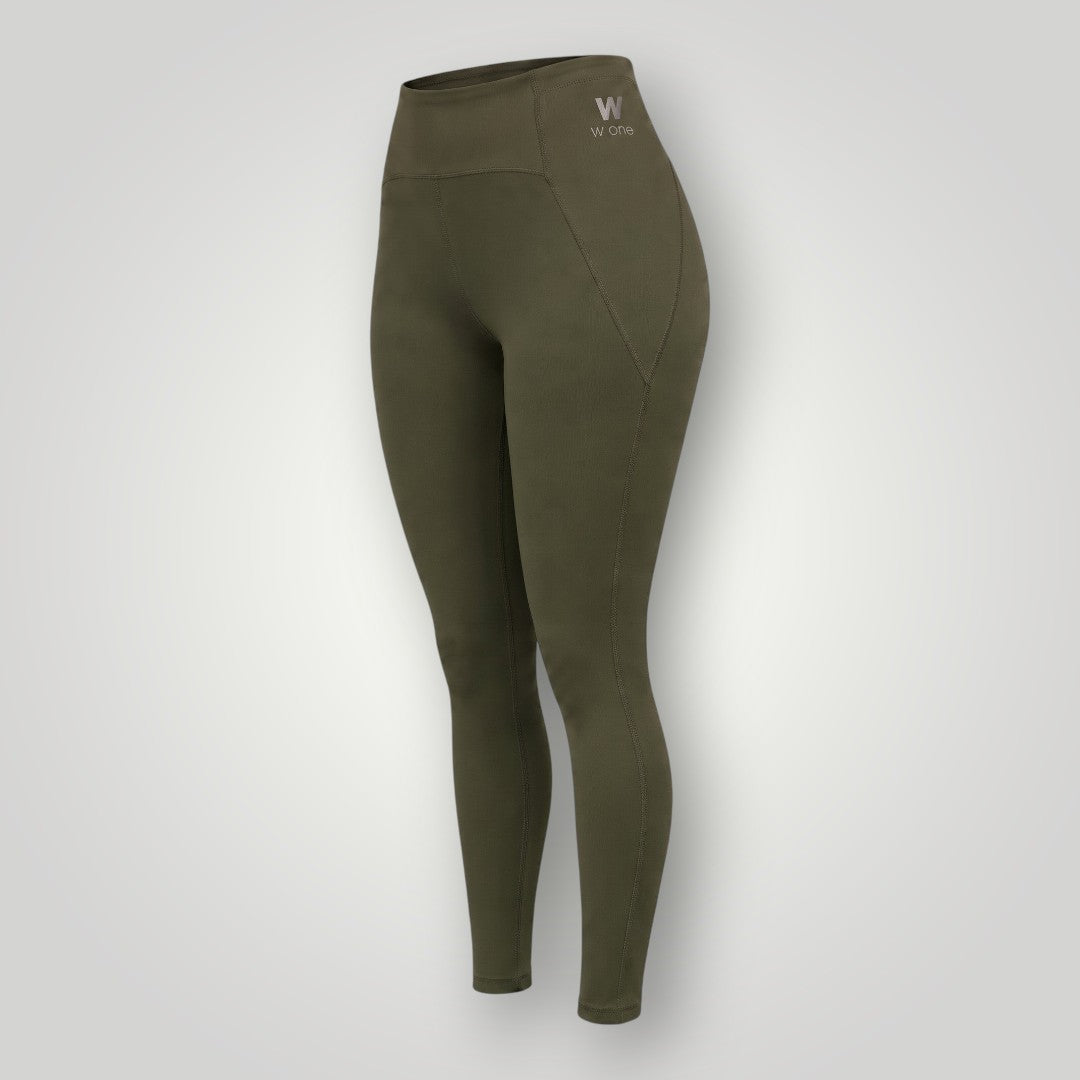 Legging W One Brand Store performance verde militar com bolso lateral em formato V e cintura alta