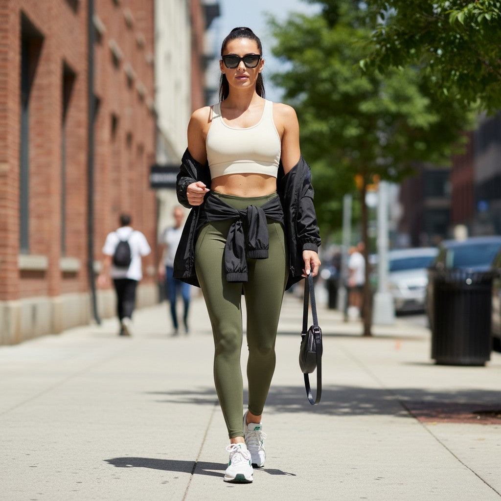 Mulher caminhando na rua usando legging W One Brand Store verde militar com bolso V, top bege e jaqueta preta.