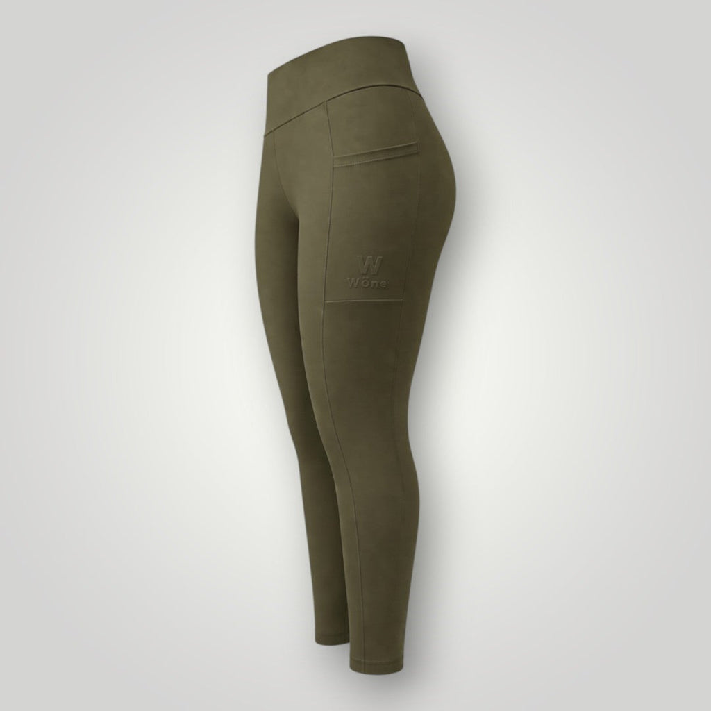 Legging W One Brand Store Move verde militar com bolso lateral e cintura alta para treinos e atividades esportivas