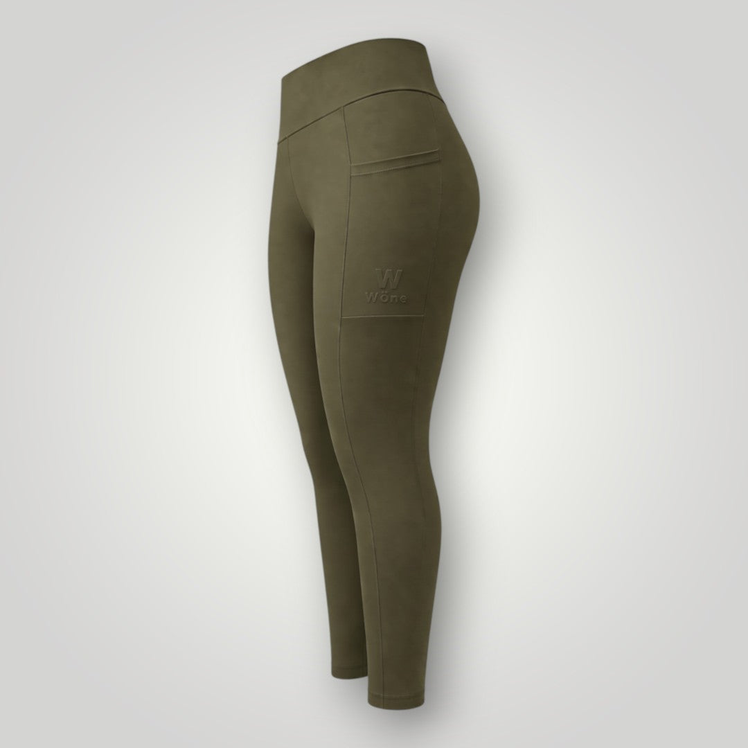 Legging W One Brand Store Move verde militar com bolso lateral e cintura alta para treinos e atividades esportivas
