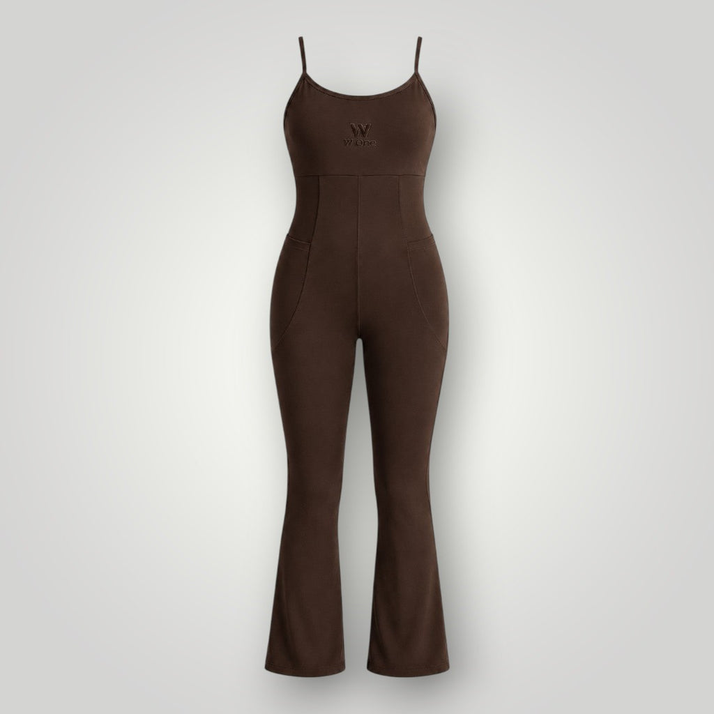 Macacão W One Brand Store Flex Core cor coffee em poliamida com alças cruzadas e ajuste modelador ao corpo