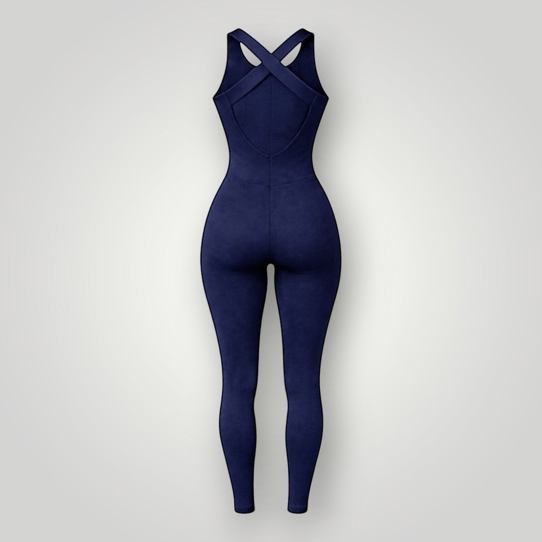 Macacão Sculpt W One Brand Store azul marinho com costas cruzadas, tecido de média compressão e ajuste ao corpo.
