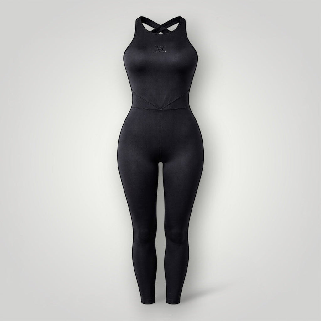 Macacão Sculpt W One Brand Store preto com costas cruzadas, tecido de média compressão e modelagem fitness ajustada.