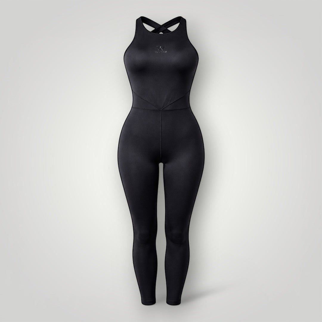 Macacão Sculpt W One Brand Store preto com costas cruzadas, tecido de média compressão e modelagem fitness ajustada.