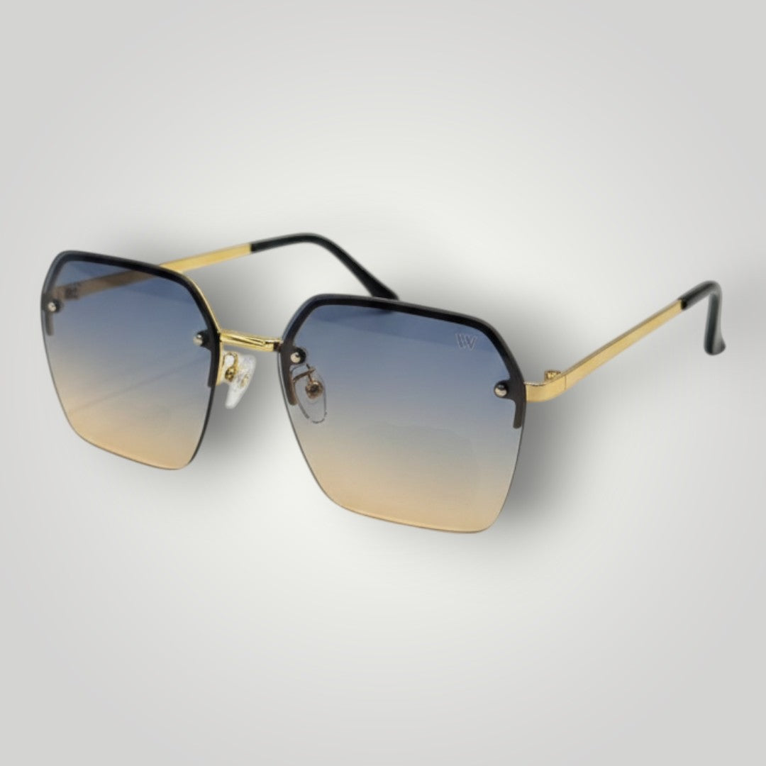 W One Brand Store maxi square sunglasses with rimless blue gradient lenses and gold metal frame. UV400 protection.