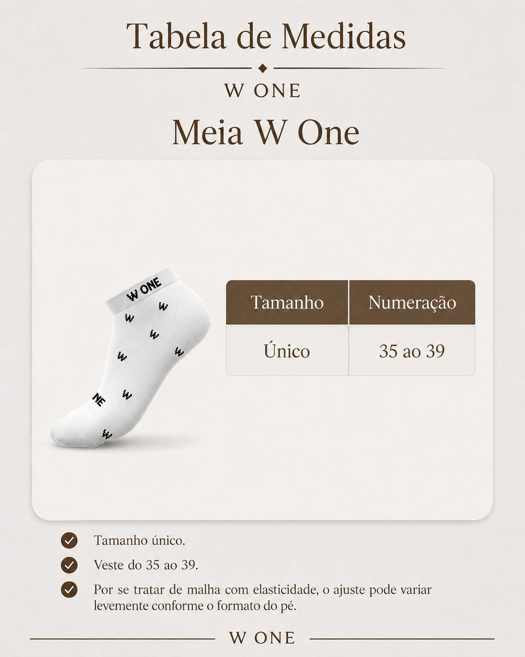 Meia W One Brand Store semi-invisível branca de algodão com estampa Mini W e tabela de medidas ao lado