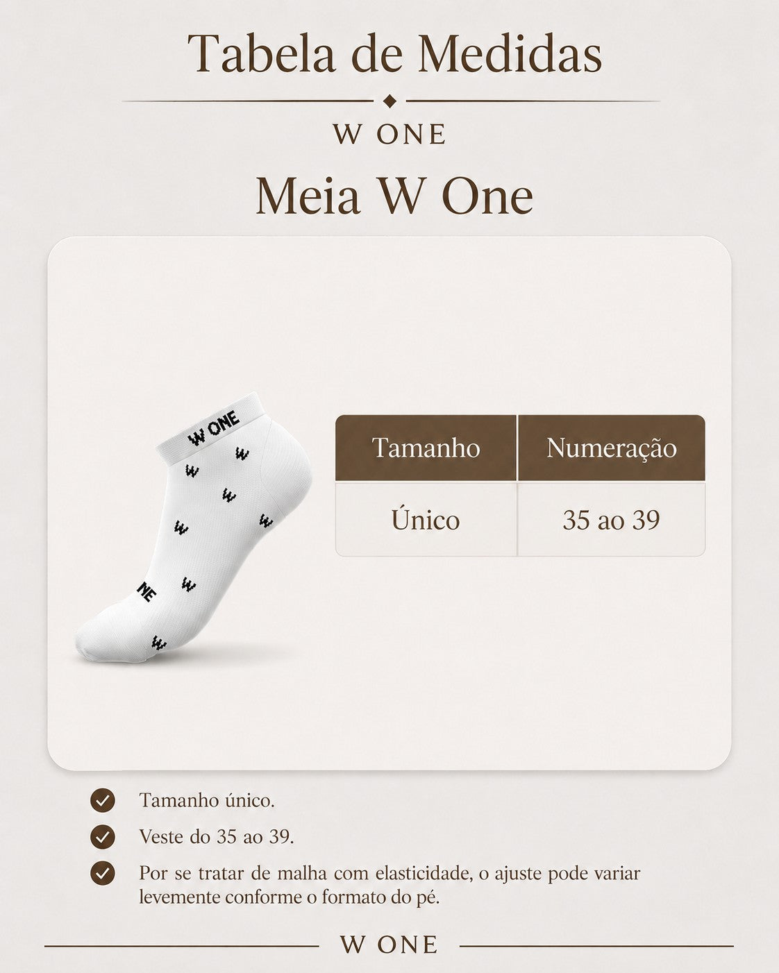 Meia W One Brand Store semi-invisível branca de algodão com estampa Mini W e tabela de medidas ao lado