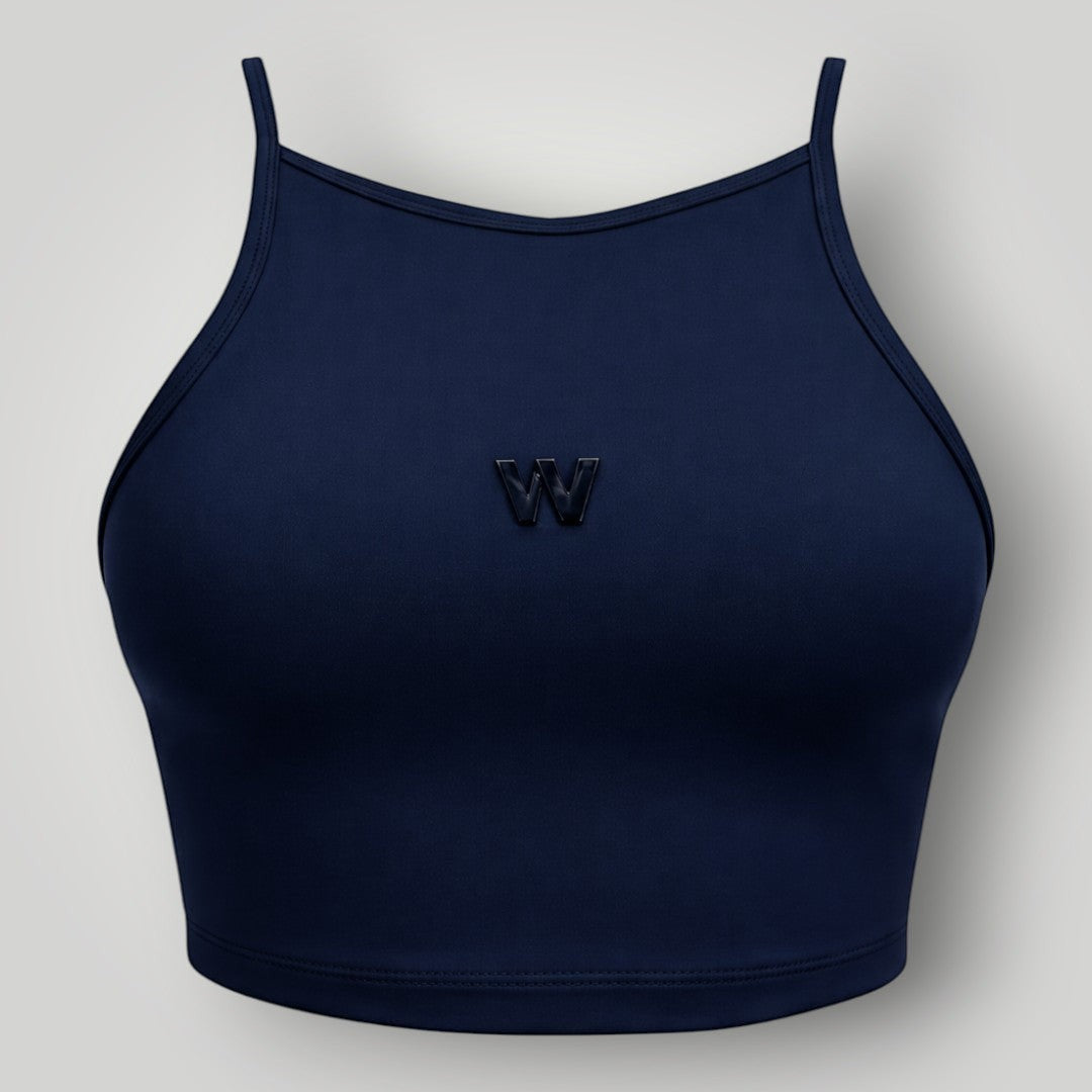 W One Brand Store navy blue high-neck fitness crop top with adjustable straps and a subtle W logo.