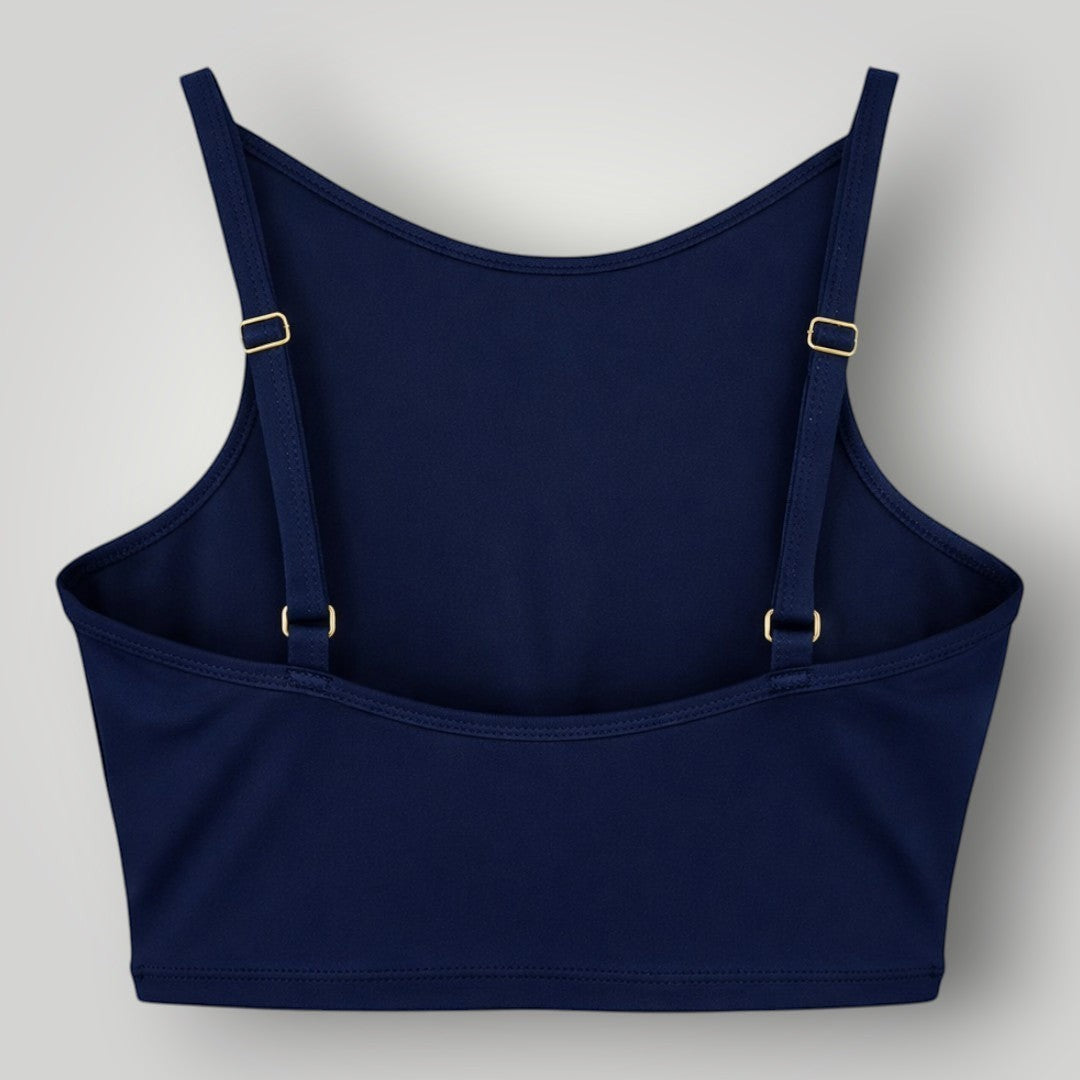 W One Brand Store navy blue polyamide fitness top with adjustable straps and high front.