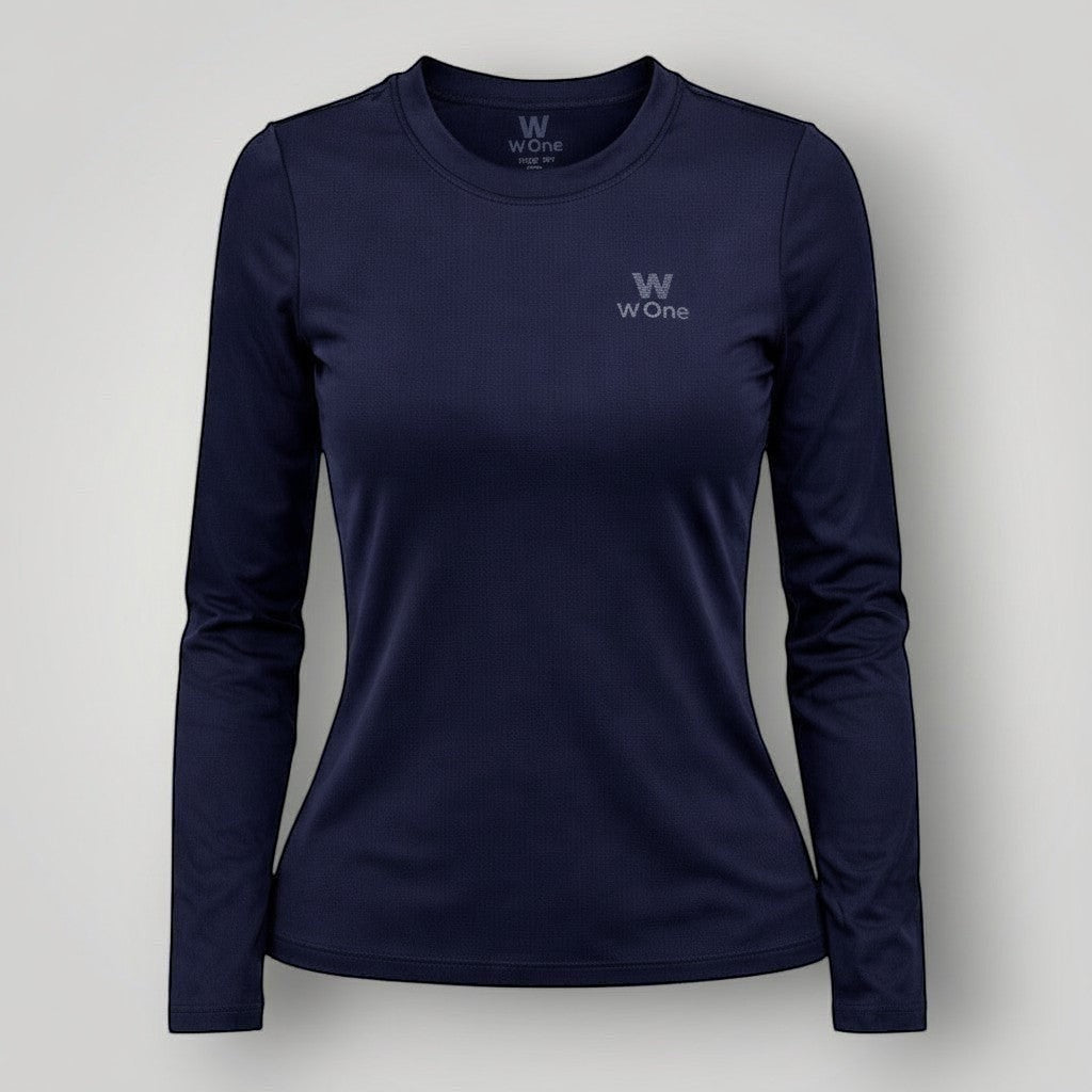 W One Brand Store navy blue long sleeve fitness t-shirt made of polyamide with sun protection.