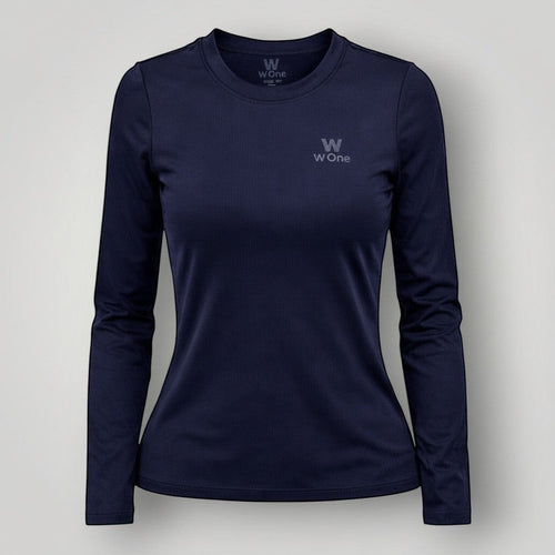 W One Brand Store navy blue long sleeve fitness t-shirt made of polyamide with sun protection.