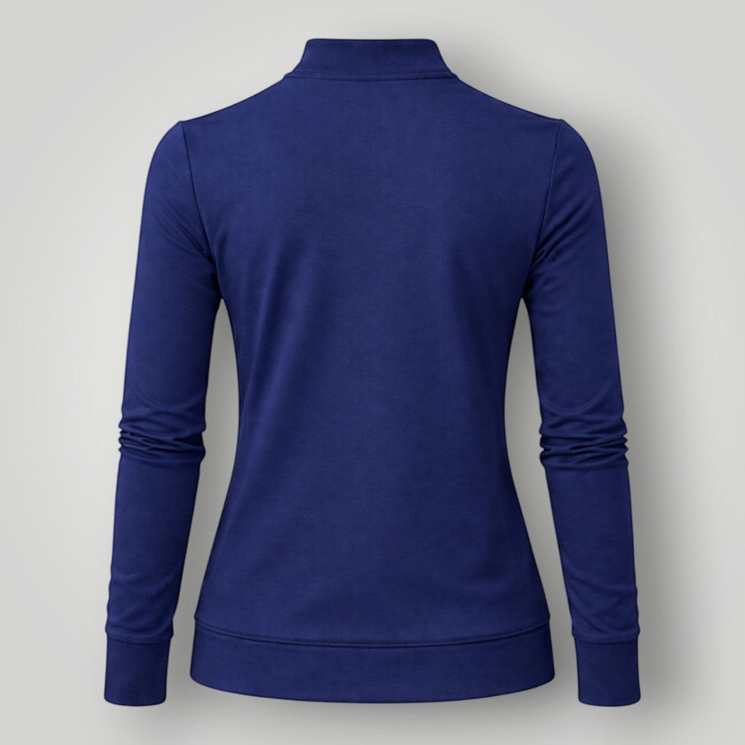 W One Brand Store navy blue polyamide fitness jacket with thumbholes and mock neck. Designed for comfort and movement.