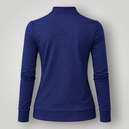 W One Brand Store navy blue polyamide fitness jacket with thumbholes and mock neck. Designed for comfort and movement.