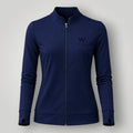 W One Brand Store navy blue polyamide fitness jacket with thumbholes and a subtle logo.