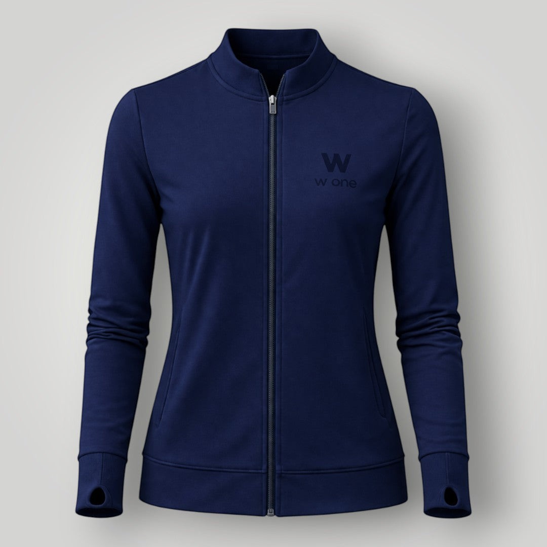 W One Brand Store navy blue polyamide fitness jacket with thumbholes and a subtle logo.