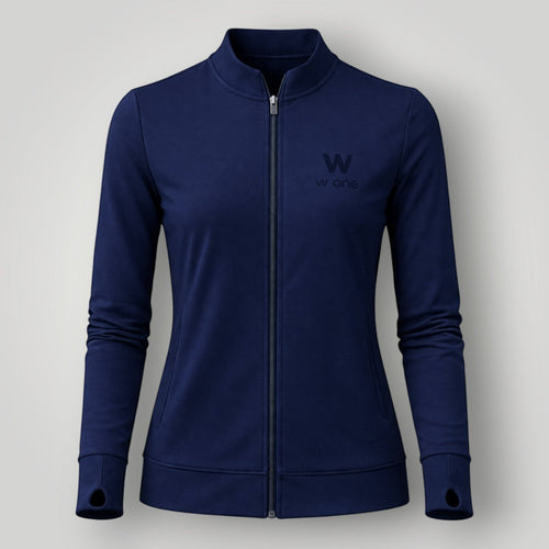 W One Brand Store navy blue polyamide fitness jacket with thumbholes and a subtle logo.