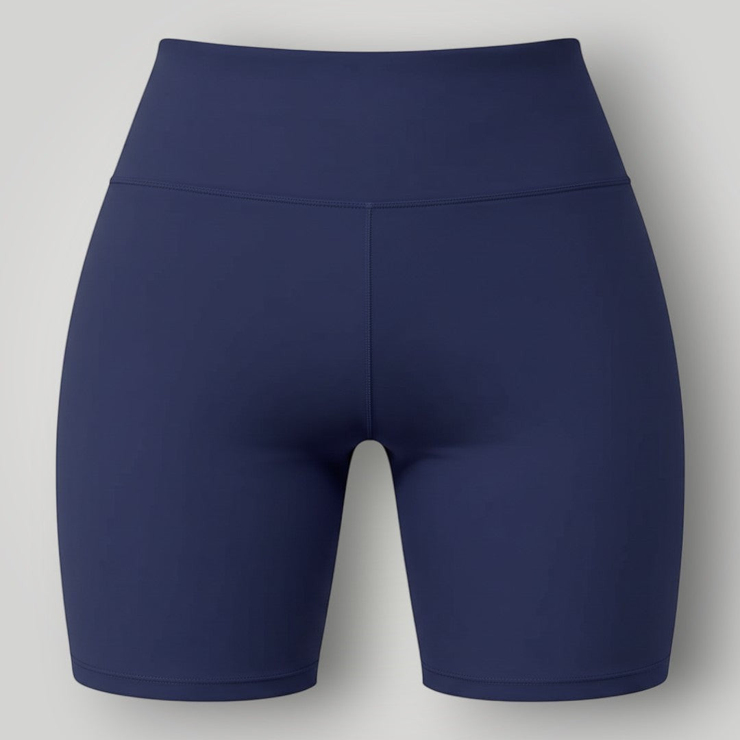 W One Brand Store navy blue polyamide fitness shorts with a wide waistband and seamless design.