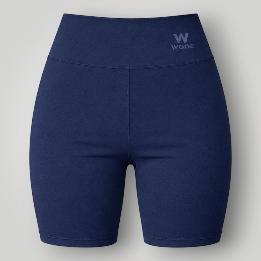W One Brand Store navy blue polyamide fitness shorts with wide waistband and subtle logo detail.