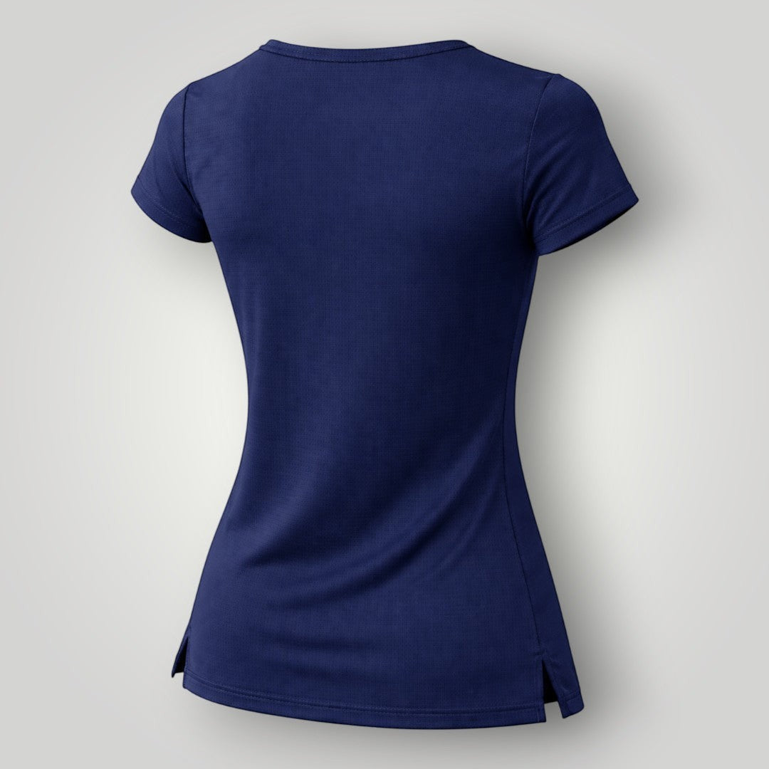 W One Brand Store navy blue polyamide fitness t-shirt for women, lightweight with a fluid fit and side slits.