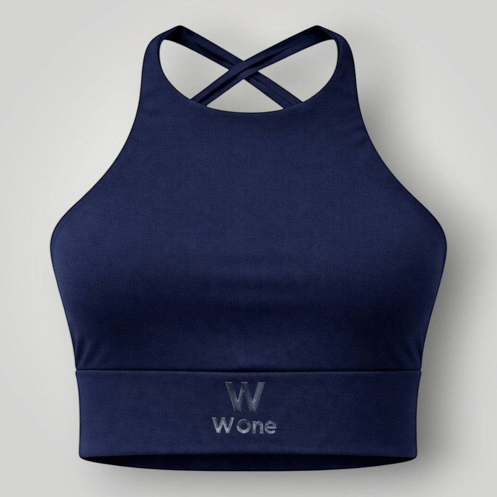 W One Brand Store navy blue polyamide fitness top with criss-cross back straps and supportive band.