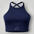 W One Brand Store navy blue polyamide fitness top with criss-cross back straps and supportive band.