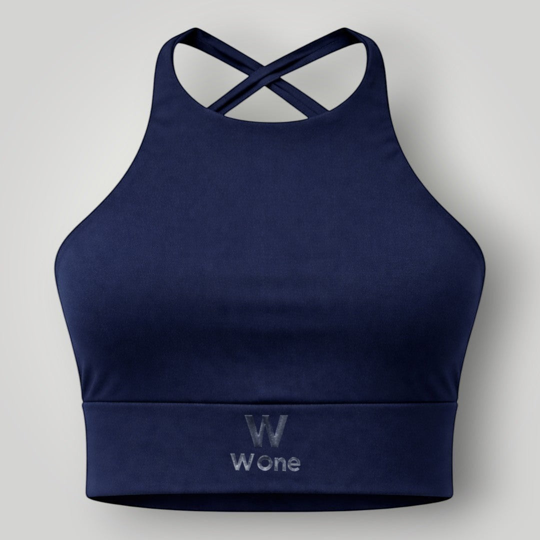 W One Brand Store navy blue polyamide fitness top with criss-cross back straps and supportive band.