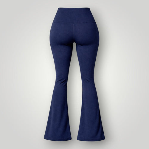 W One Brand Store navy blue polyamide flare fitness pants with a wide waistband and flared leg.