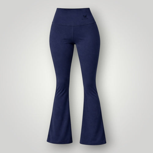 W One Brand Store navy blue polyamide flare fitness pants with wide waistband and subtle logo detail.