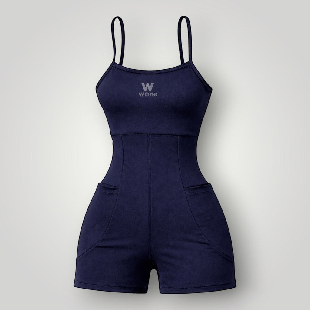 W One Brand Store navy blue polyamide short romper with spaghetti straps and side pockets, ideal for fitness.