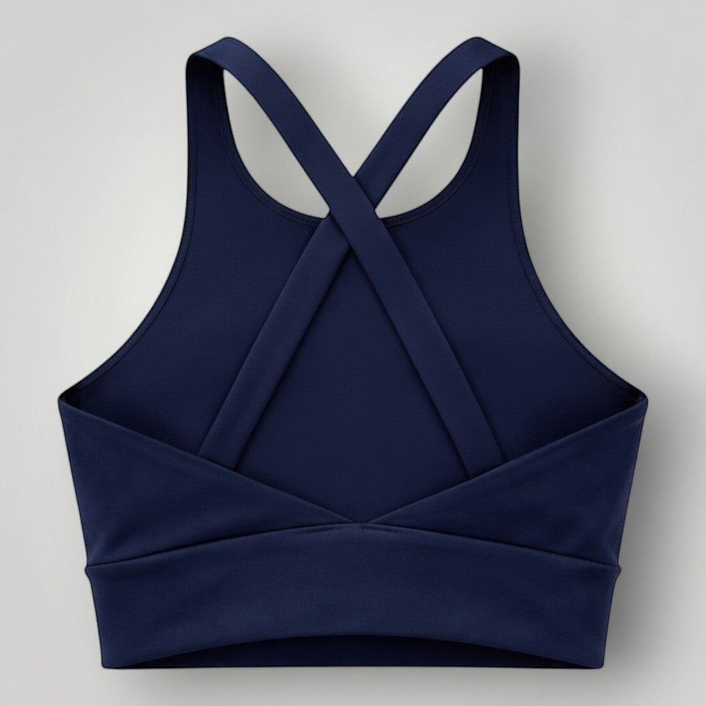 W One Brand Store navy blue polyamide sports bra with criss-cross back straps and supportive band.