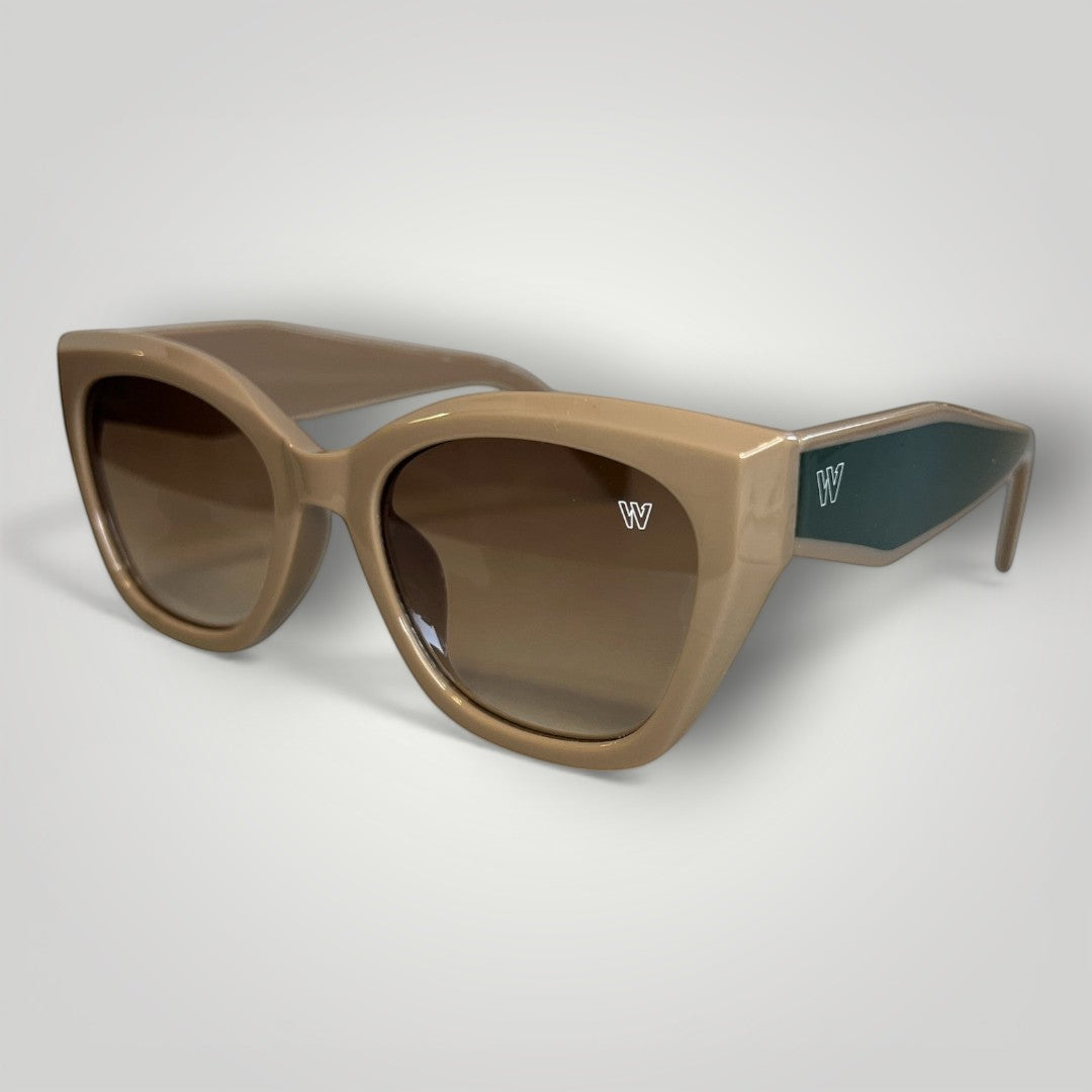 W One Brand Store nude cat-eye sunglasses with green side detail and brown lenses, featuring UV400 protection.