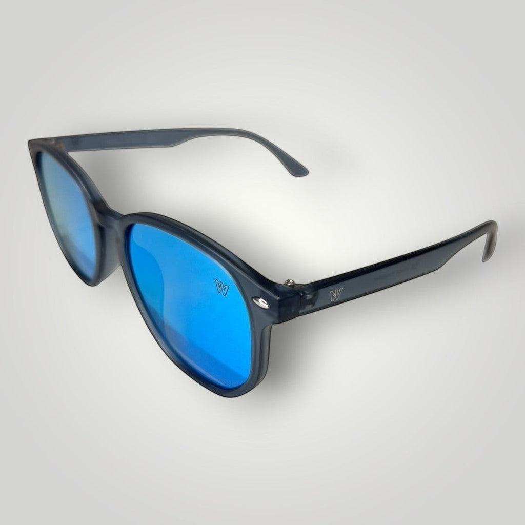 Óculos de sol W One Brand Store estilo retrô com armação em acetato azul transparente e lentes espelhadas azuis