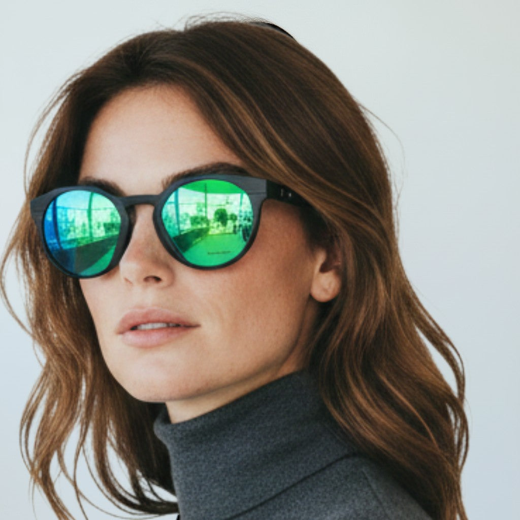 Óculos de sol W One Brand Store esportivos retrô redondos em acetato preto com lentes espelhadas verdes e proteção UV400.