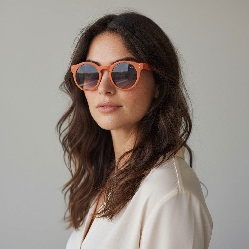 Óculos de sol W One em acetato laranja com design redondo e lentes fumê degradê. Logo W One na haste.