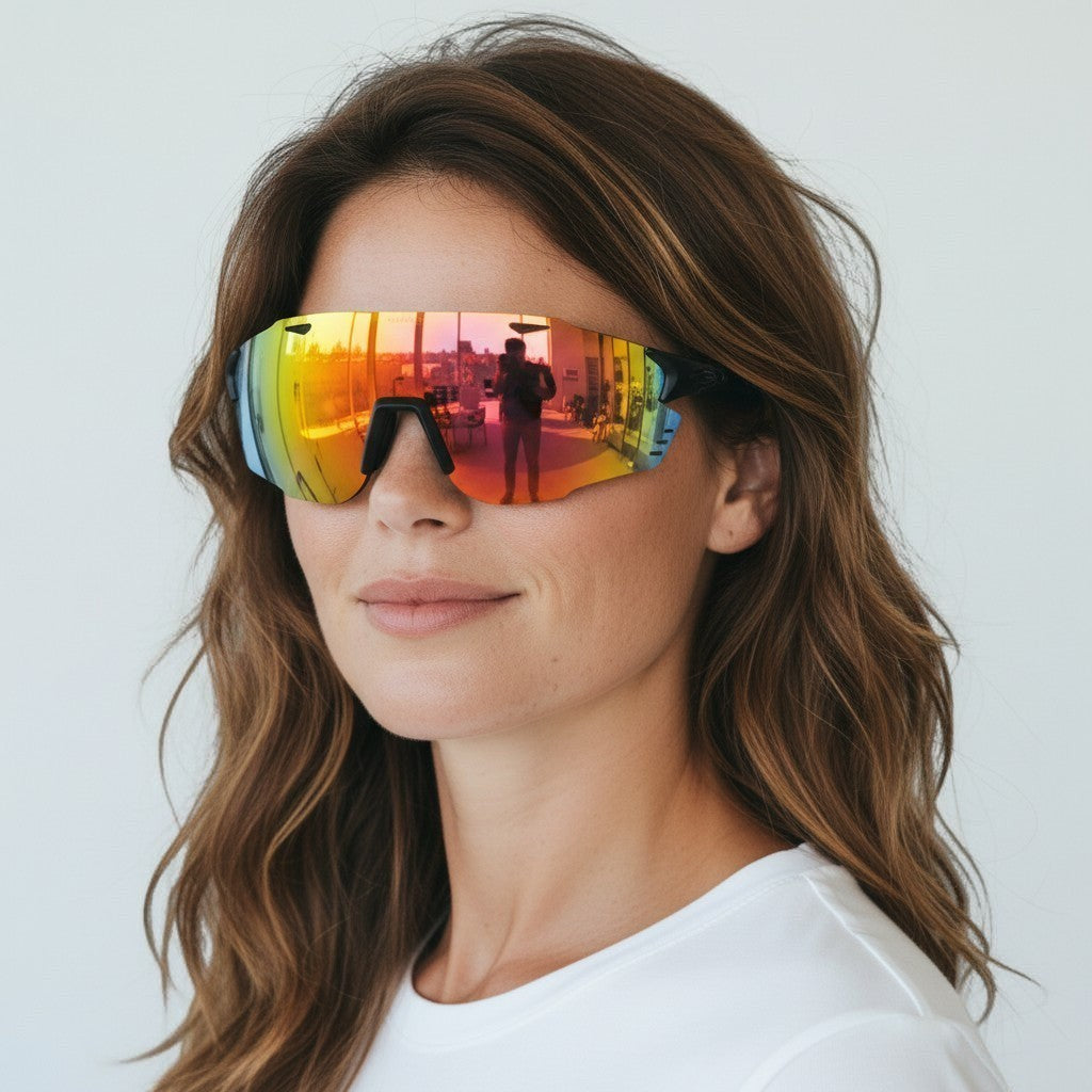 Mulher usando óculos de sol esportivo W One Brand Store estilo máscara com lente espelhada azul e roxa