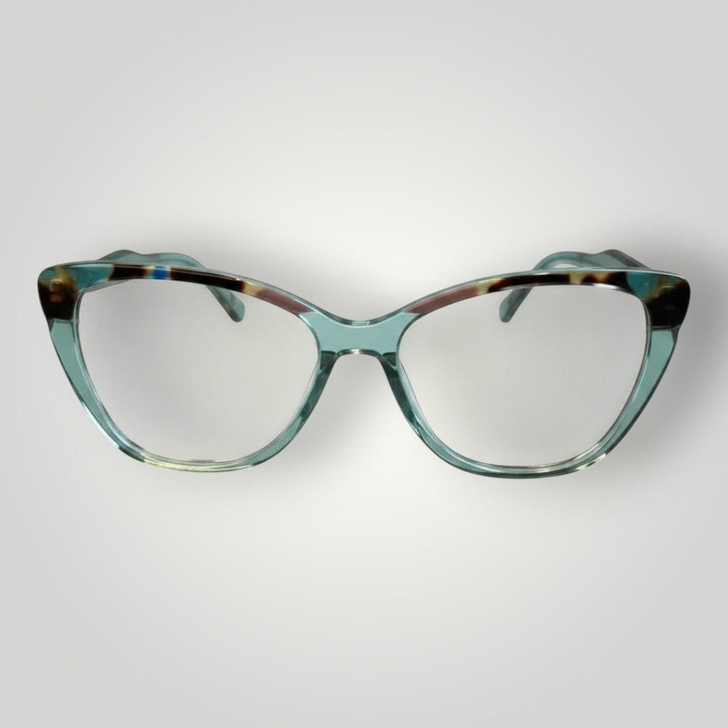 Óculos de grau W One Brand Store gatinho em acetato azul tiffany transparente com detalhe colorido e hastes tartaruga.