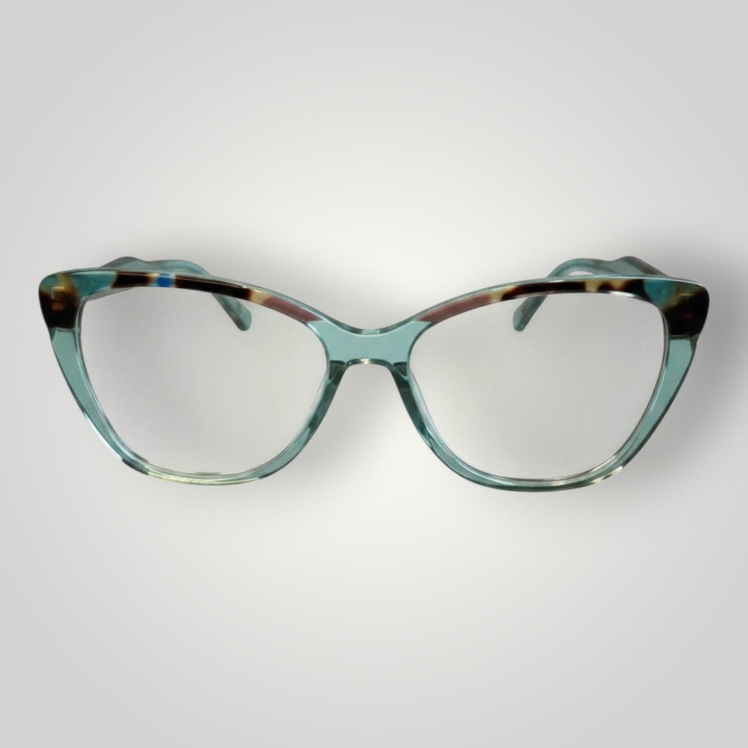 Óculos de grau W One Brand Store gatinho em acetato azul tiffany transparente com detalhe colorido e hastes tartaruga.