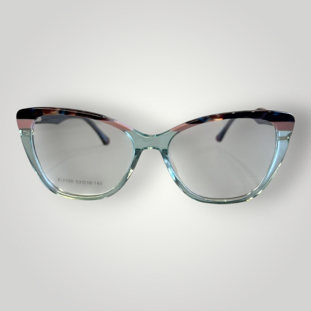 Óculos de grau W One em acetato azul tiffany transparente com design gatinho, detalhe colorido e hastes fumê.