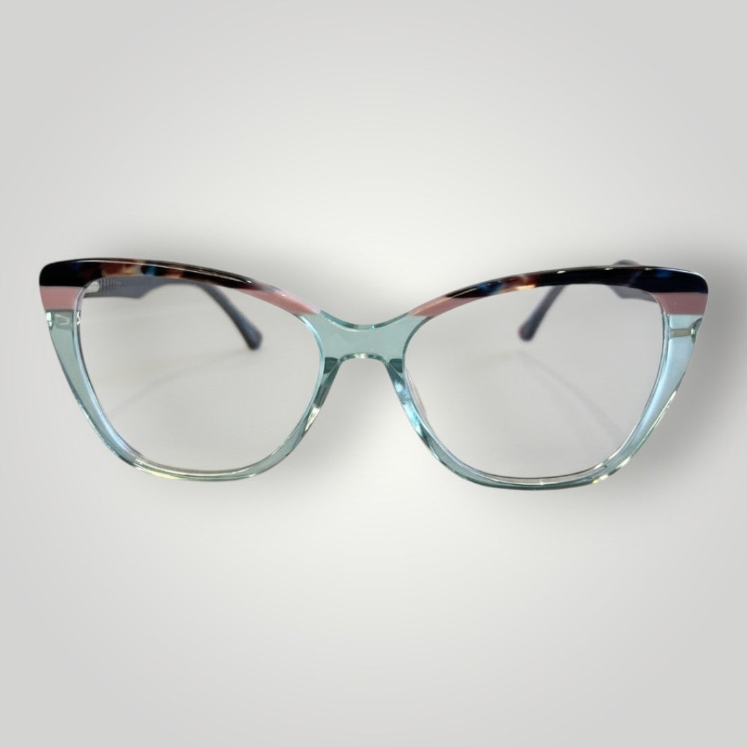 Armação de óculos de grau W One gatinho em acetato azul tiffany transparente com detalhe colorido e hastes fumê.
