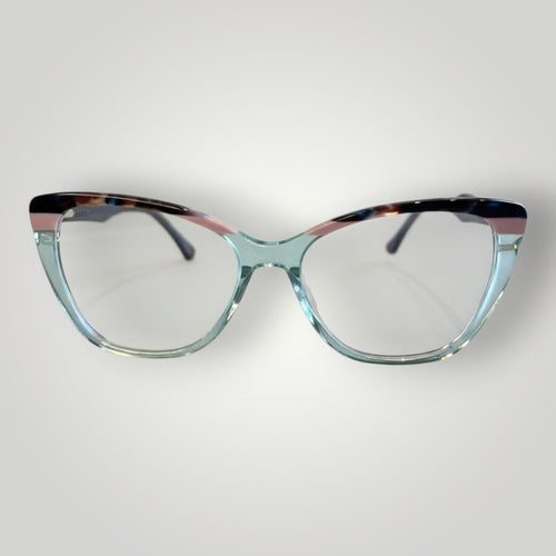 Armação de Óculos de Grau Gatinho em Acetato Azul Tiffany Transparente com Detalhe Colorido e Hastes Fumê vista frontal