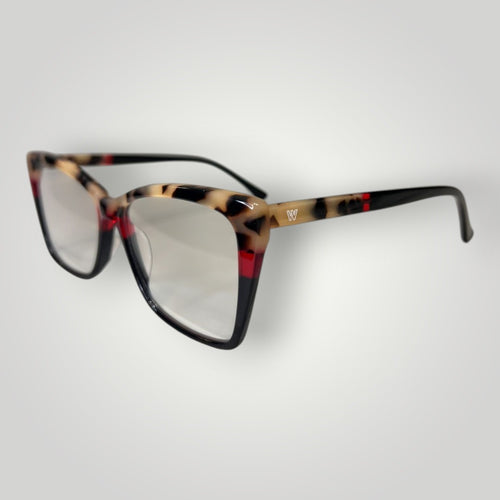 Armação de Óculos de Grau Gatinho em Acetato Camuflado Vermelho e Preto vista lateral